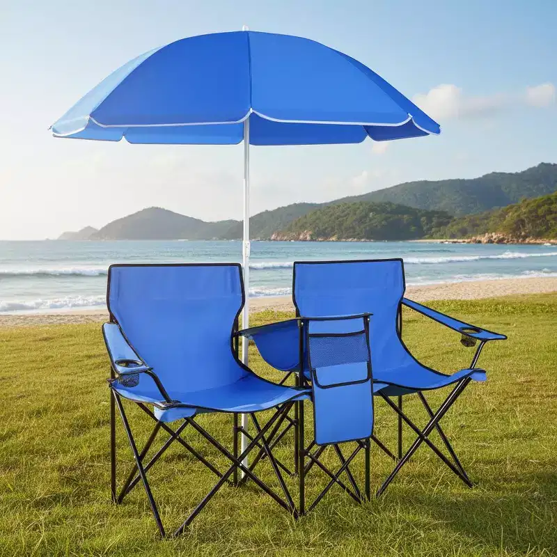 Gymax Double Folding Camping Chair w/ Cooler Bag Beverage Holder Removable Umbrella & Carrying Bag Blue/Gray/Black/Turquoise/Pink/Green