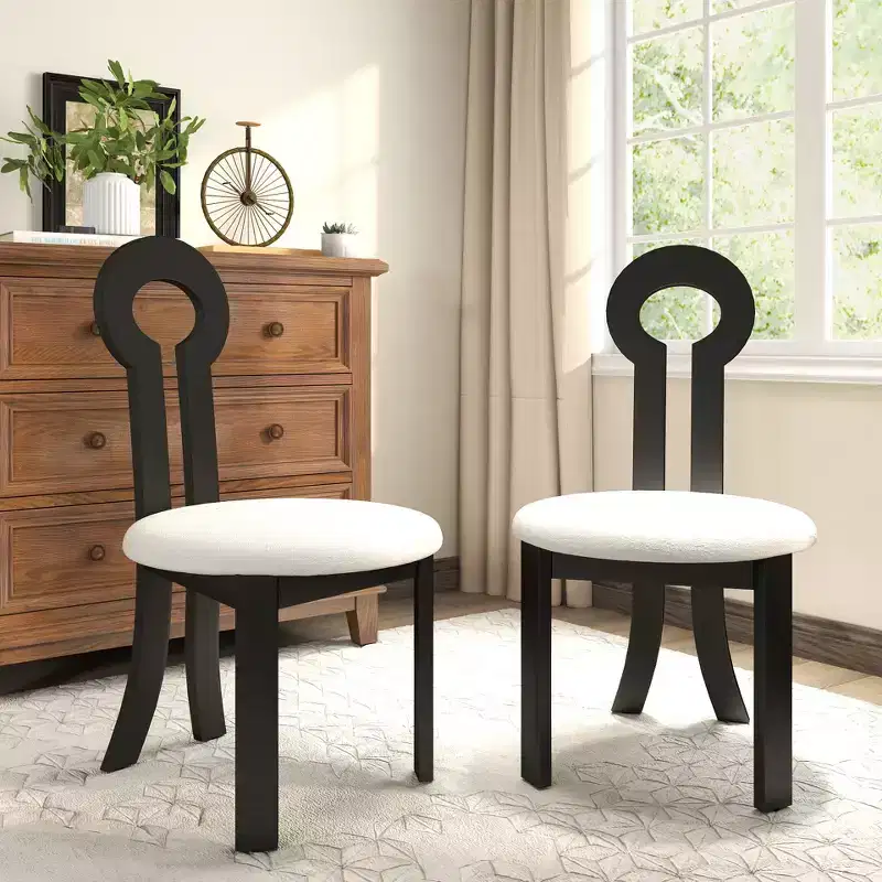 Vintage Rubber Solid Wood Dining Chair, Armless Design, Plush Sheep Fabric, Set of 2, Black Color, Perfect for Small Rooms