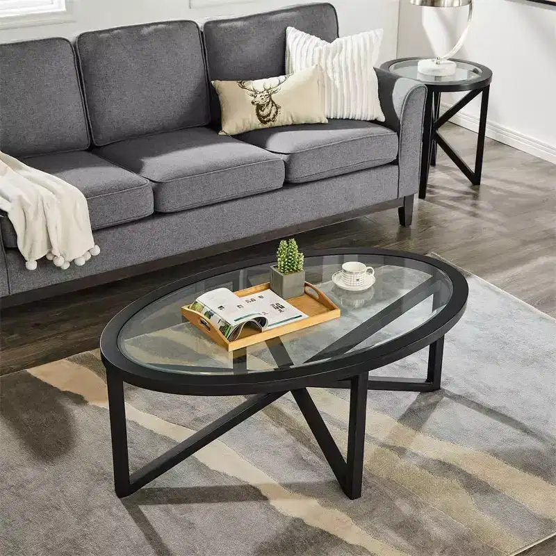 Coffee Table, Round Glass Coffee Table with Tempered Glass Top, Wood Tripod, Anti-Scratch Small Center Table for Living Room Office Apartment