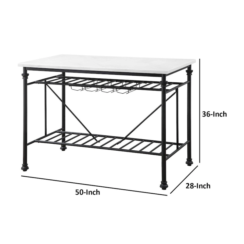 Kitchen Island with Marble Top and Slatted Shelf, Black and White