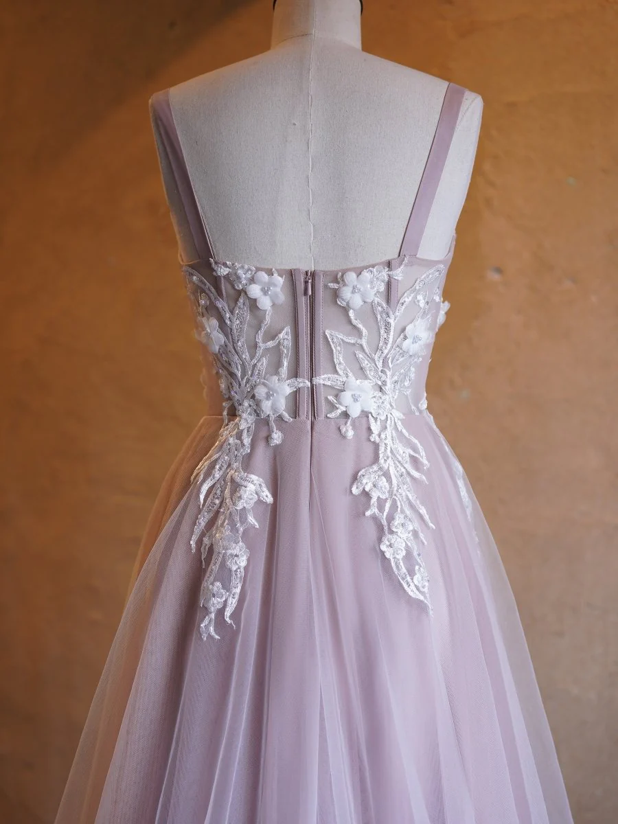 Lavender A-line Sweetheart Neckline Tulle Sweep Train Prom Dress