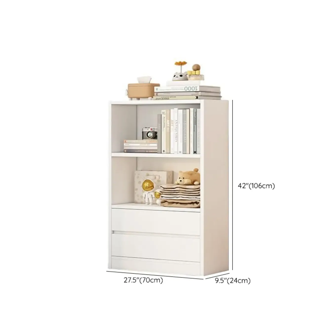 Simple Wooden White 3-Tier Bookcase with Drawers