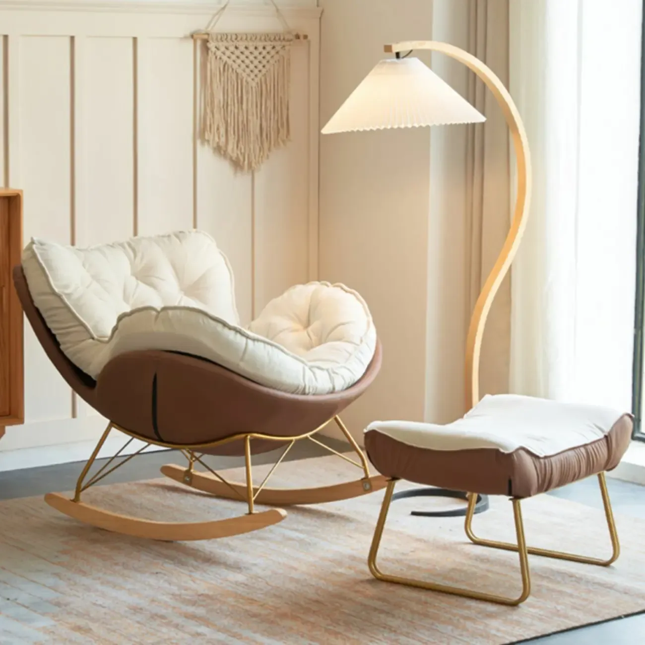 Creamy Upholstered Rocking Chair with Ottoman for Living Room