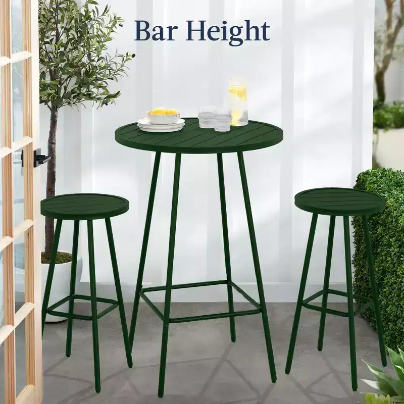 Best Choice Products 3-Piece Steel Patio Bar Height Round Bistro Set w/ Backless Stools, Slatted Design