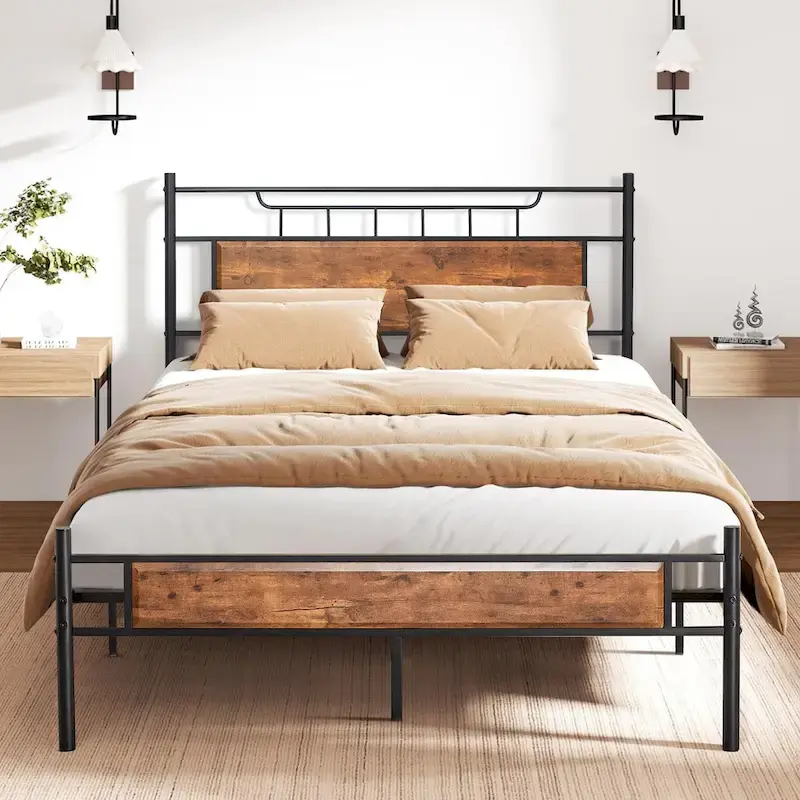 Industrial Bed Frame with Wood Headboard, Twin/Full/Queen, Black/Brown/Slate