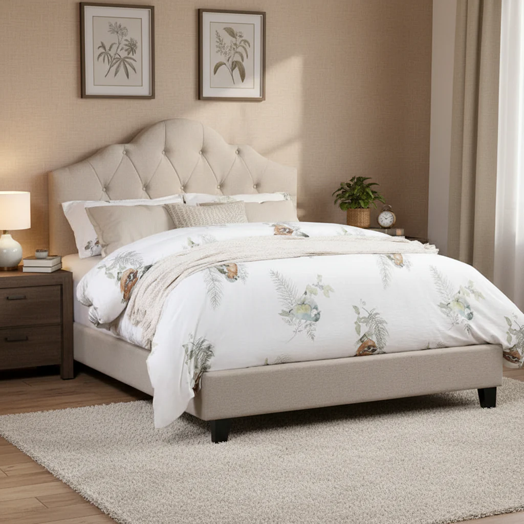 Upholstered Full Size Bed, Tufted Adjustable Headboard, Taupe Fabric