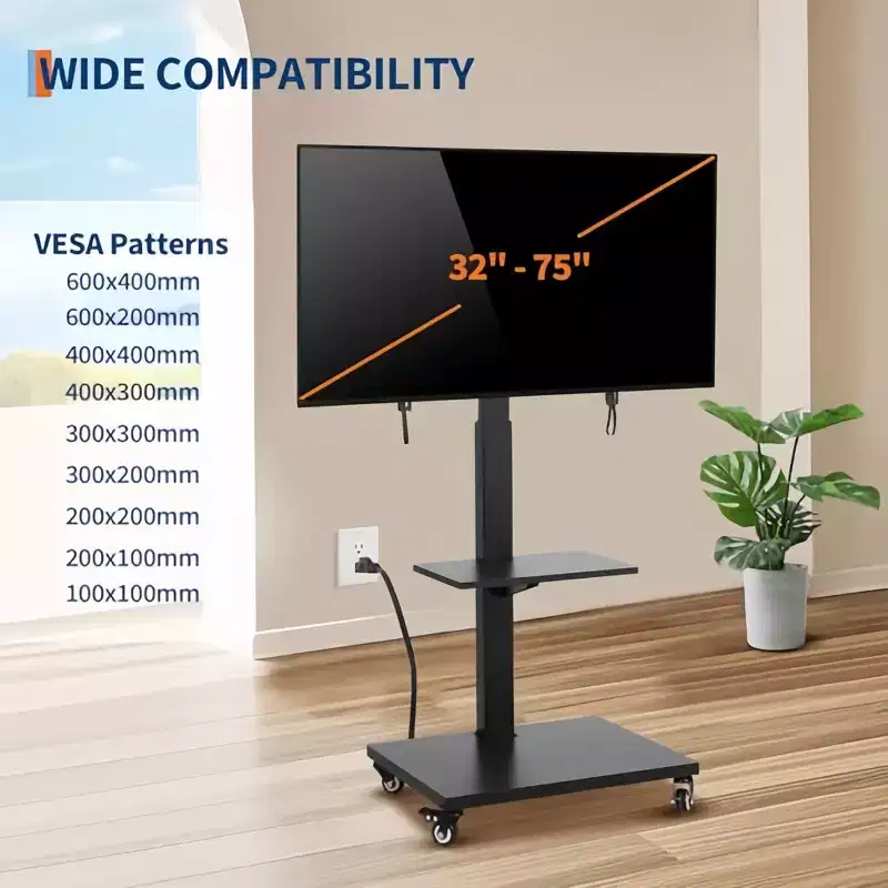 GustoWave Mobile TV Cart  Height-Adjustable Rolling Stand with Locking Casters for 32-75 inch TVs, Swivel/Tilt Base & Open Shelf