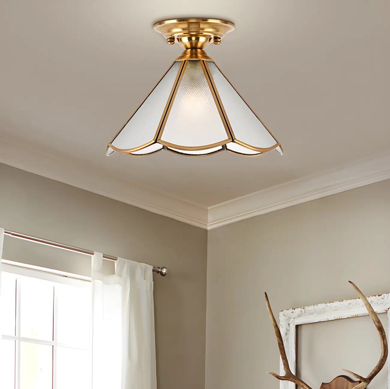 Colonial Dome Gold Glass Semi-Flush Mount Light