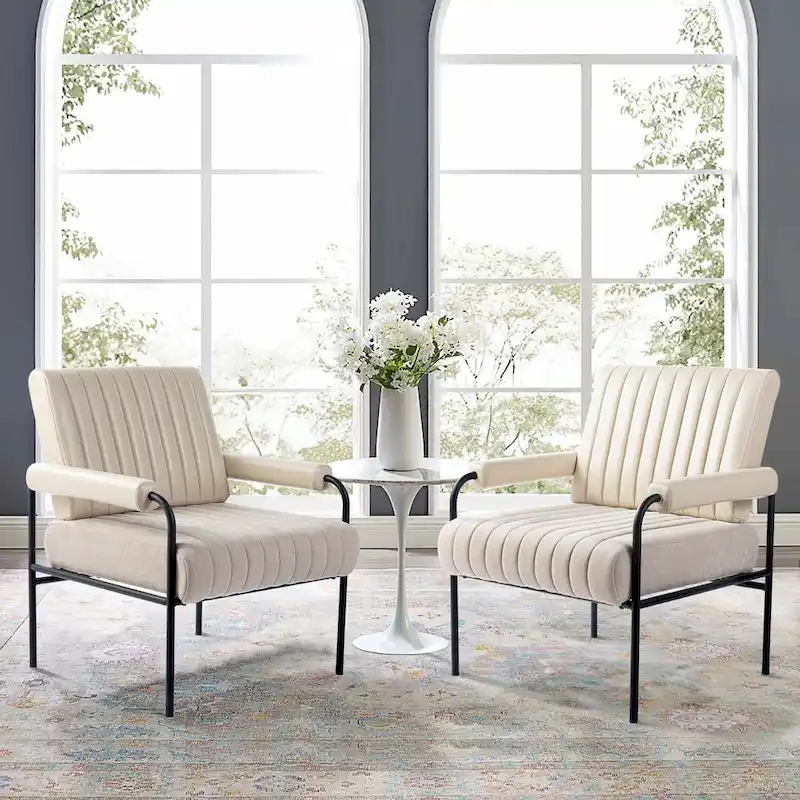 Off-White Channel Tufted Armchair, Set of 2 — PU & Fabric, Padded Arms