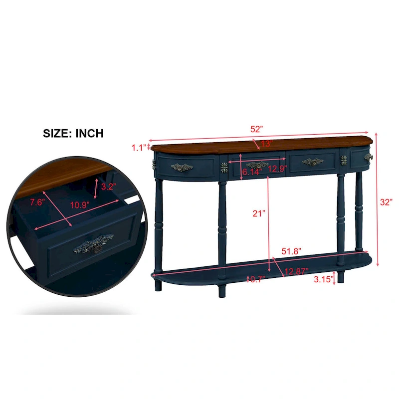 52 inch Circular Half Moon Sofa Table with Open Shelf and 2 Drawers