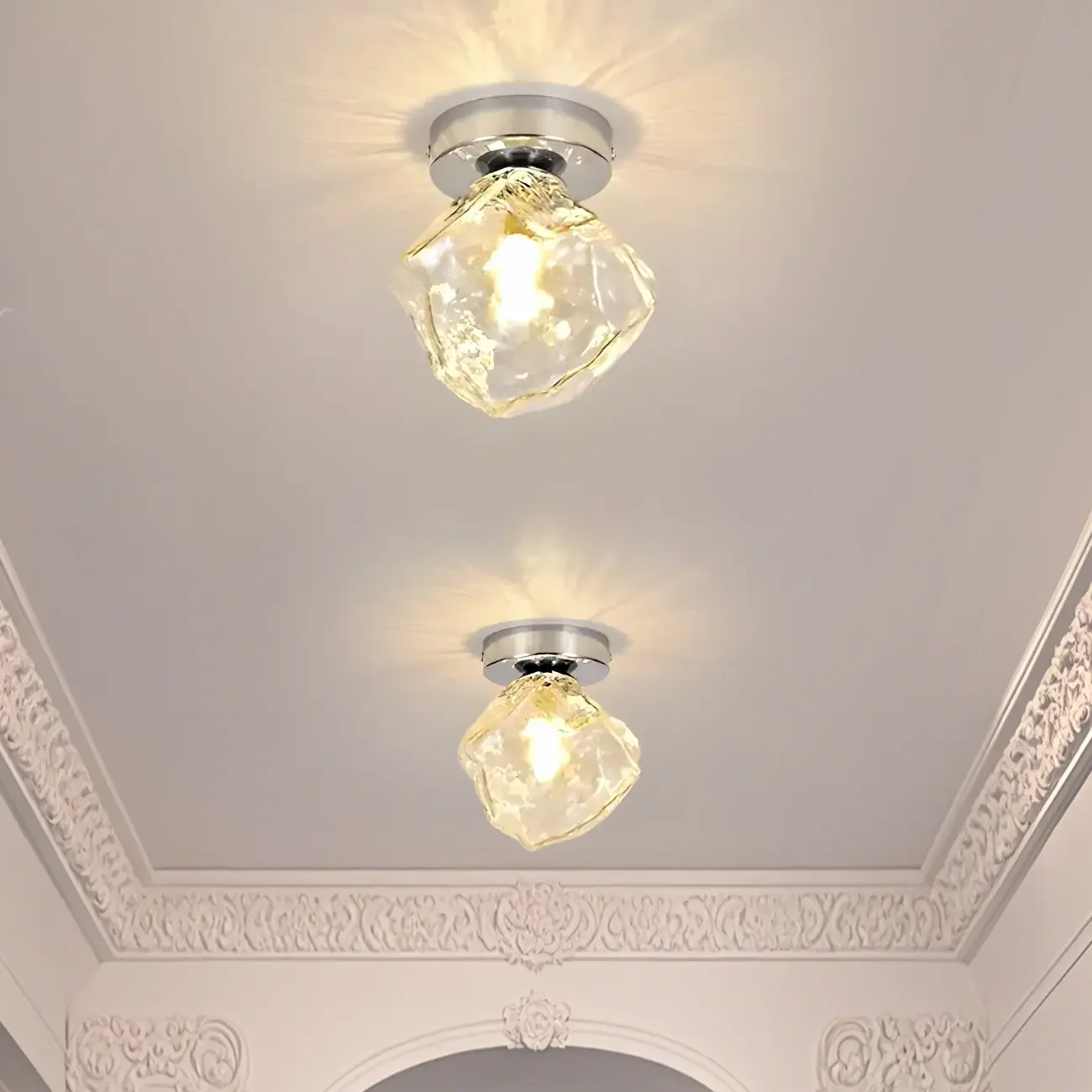 Clear Glass Rock Design Hallway Chrome Semi Flush Ceiling Light