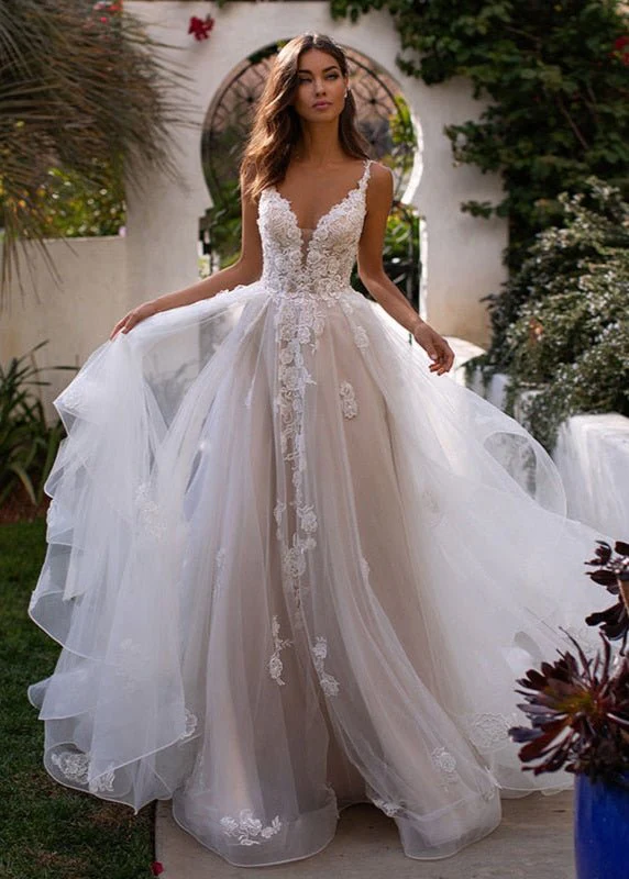 A-Line Lace White Sweep Train Sleeveless Backless Wedding Dress