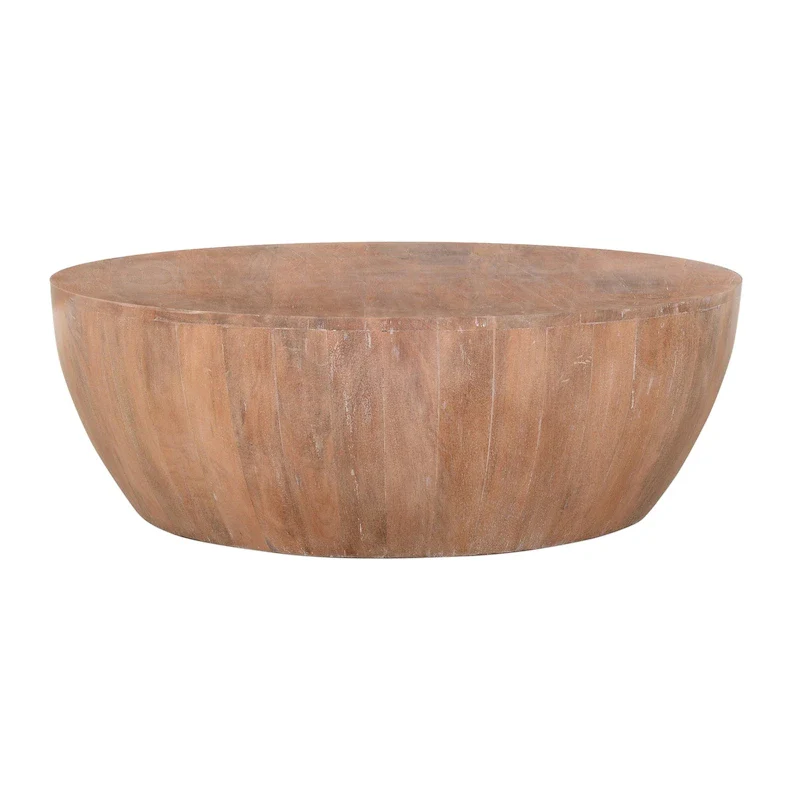 Arthur Drum Shape Wooden Coffee Table with Plank Design Base, Distressed Brown