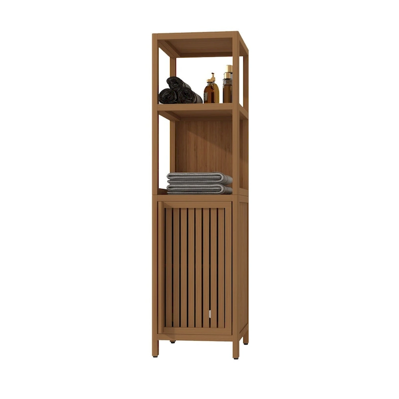 15 Narrow Bathroom Floor Cabinet, Bamboo Wood Linen Cabinet with 1 Door and Open Storage Shelves - Natural