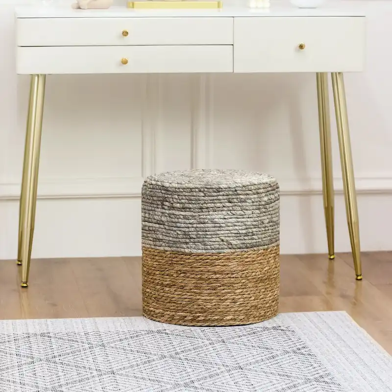 Round Ottoman Natural Cattail Hand-Woven Foot Stool, Grey/Beige/Natural, Single