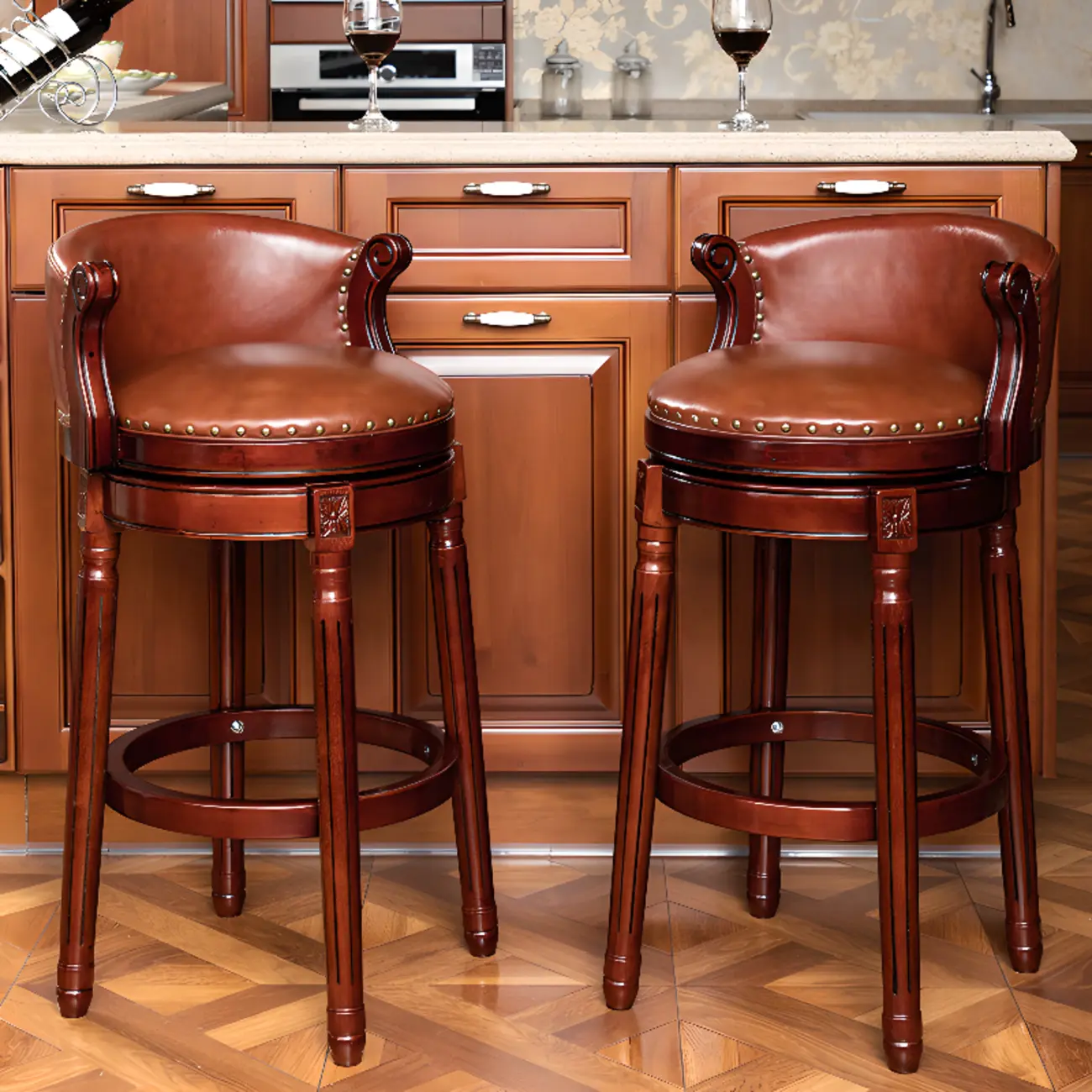 Solid Wood Leather Swivel Counter Stools with Backs