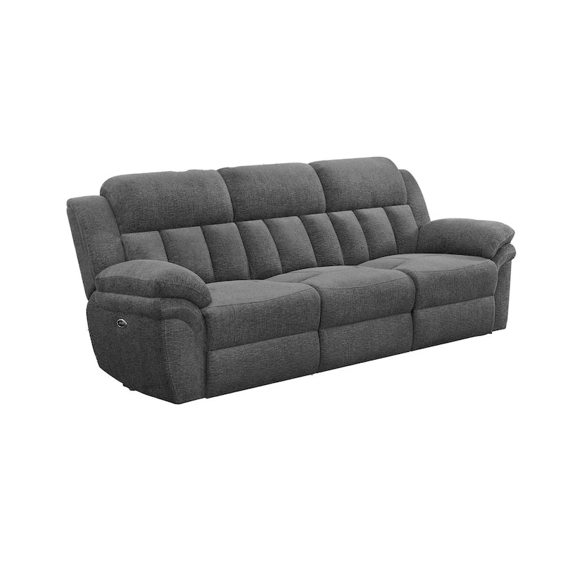 Gray & Black Dual Power Recliner Sofa, 3-Seat, Tufted