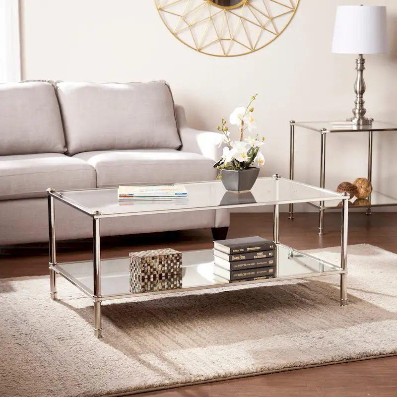 Silver Rectangle Coffee Table with Glass Top & Mirrored Shelf – Glam Style, Living Room Use