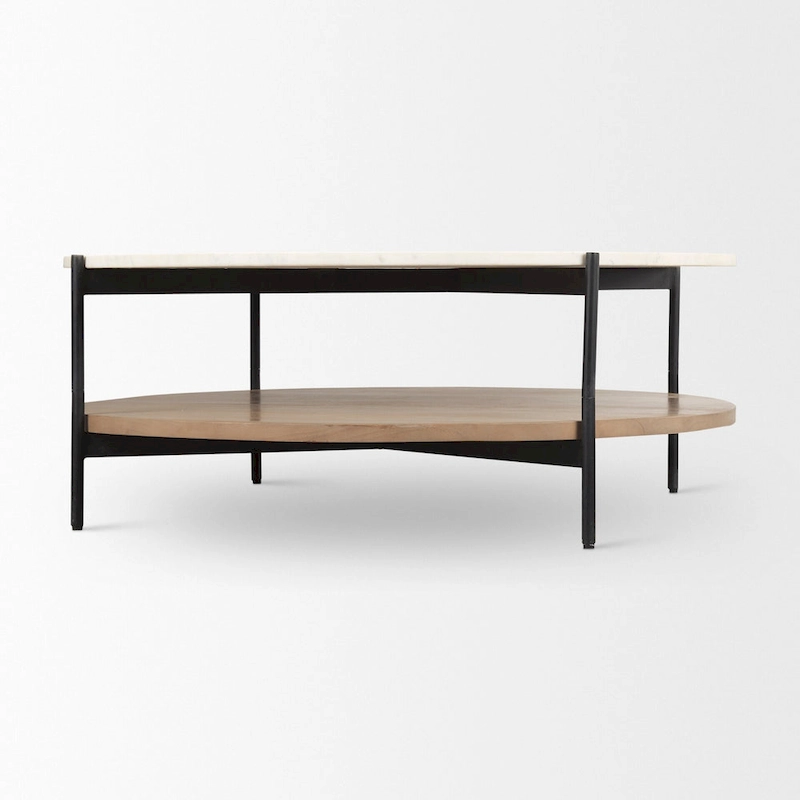 Larkin Two-Tier White Marble Top and Solid Wood Round Coffee Table