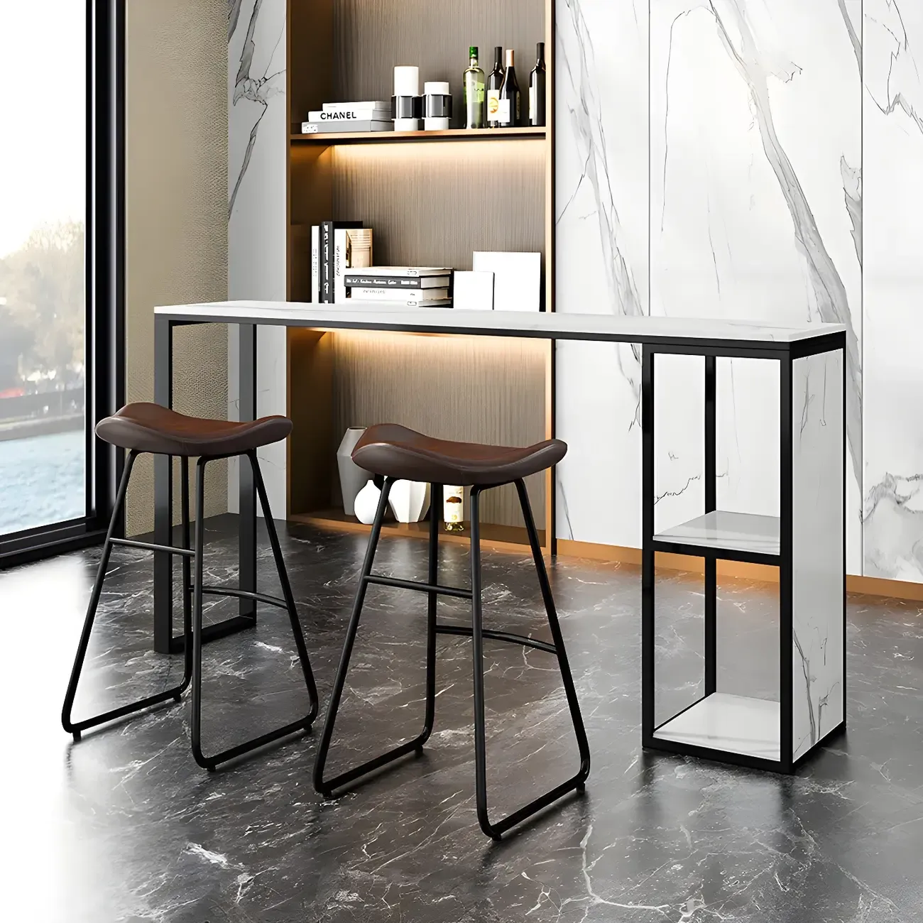 Modern White Faux Marble Iron Sled 2-Shelf Bar Tables