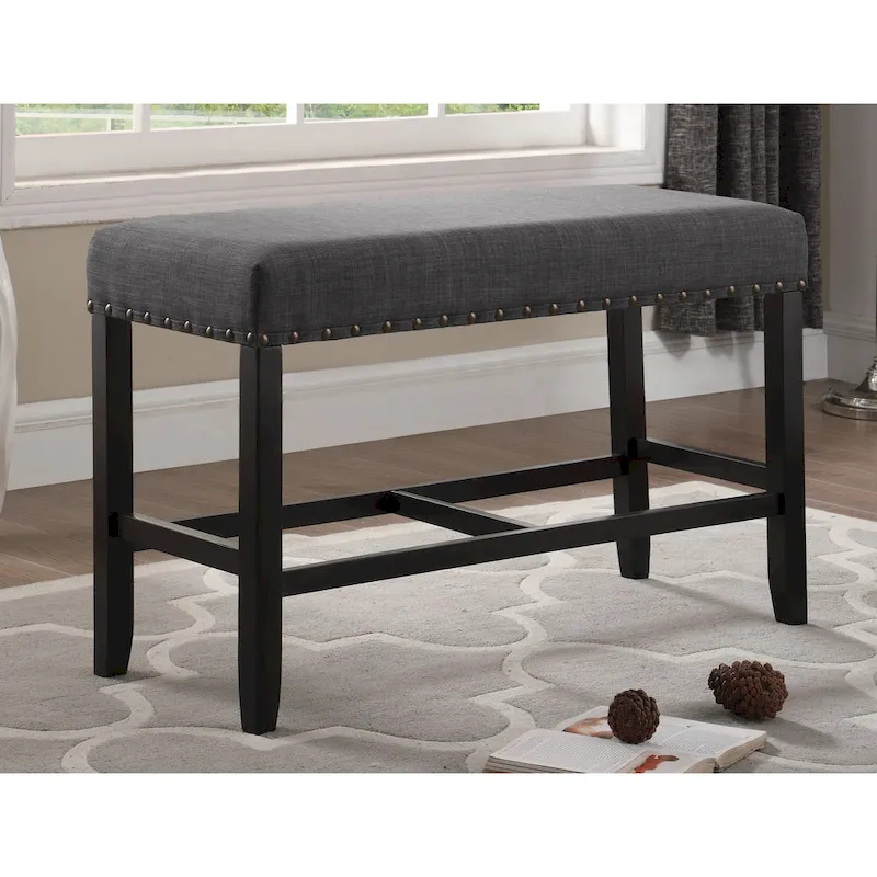 Blue Fabric Pub-Height Dining Bench with Nailhead Trim