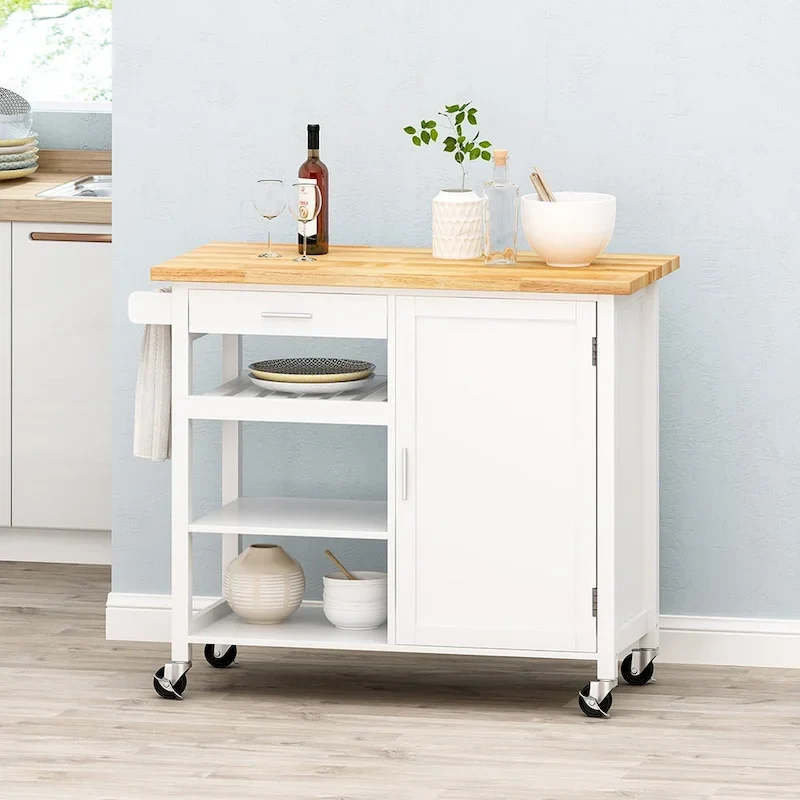 White Rolling Kitchen Island Cart with Rubberwood Top, 3 Shelves, Cabinet & Drawer – Single