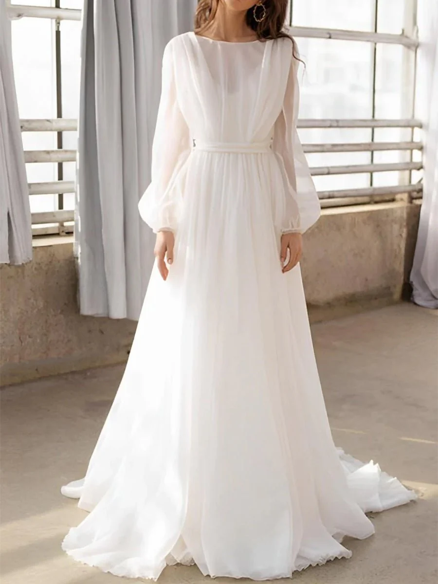 A-Line Illusion Neck Long Sleeves Sweep Train Organza Wedding Dresses