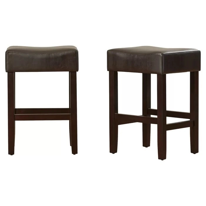Modern 26.75  Set of 2 Bar Stools with Leather Seat, Backless Design, Solid Wood Legs for Bar Dining Room Living Room