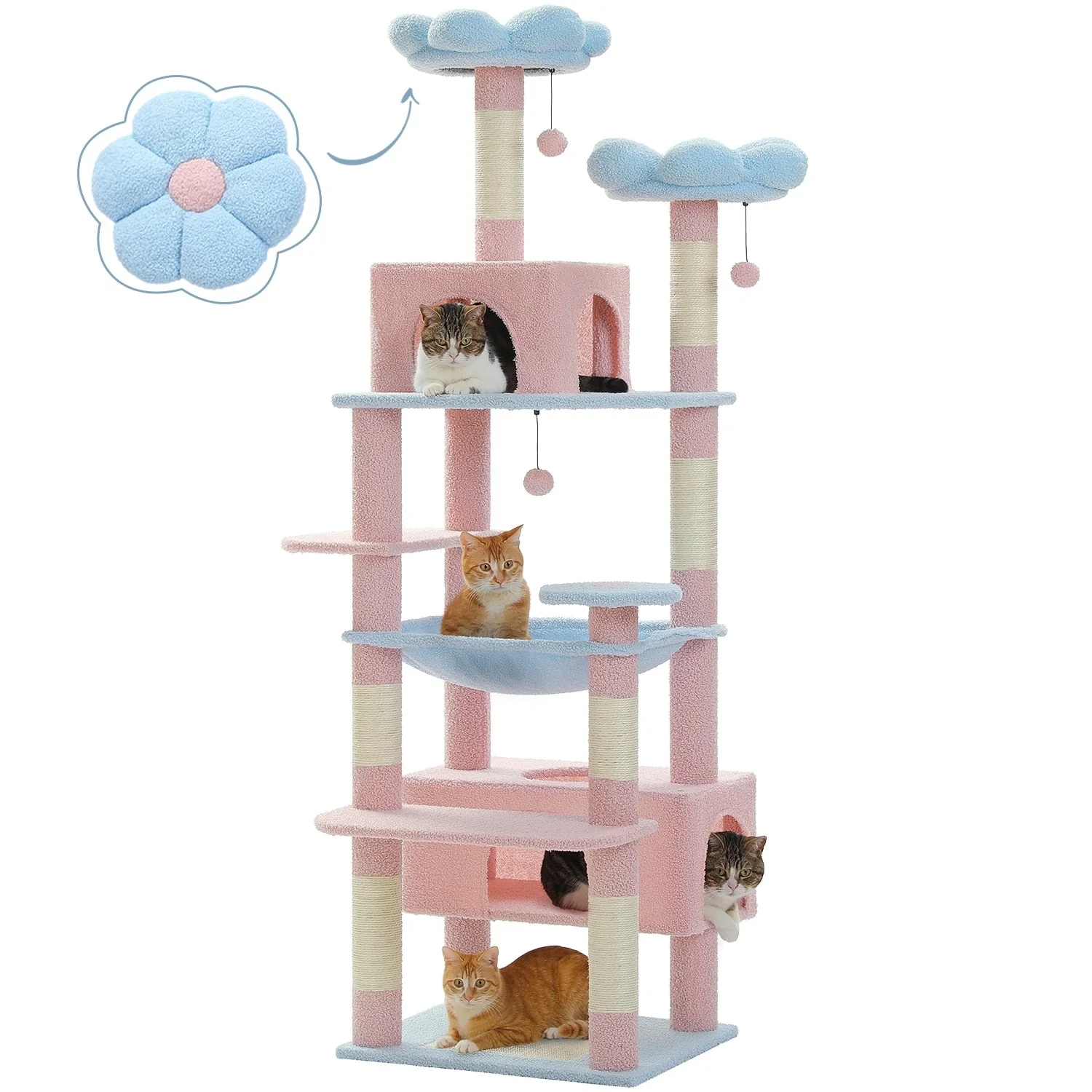 Large Cat Tower Cat Condo with Scratching Posts and Pads, 2 Padded Perch, Dual Condo and Basket
