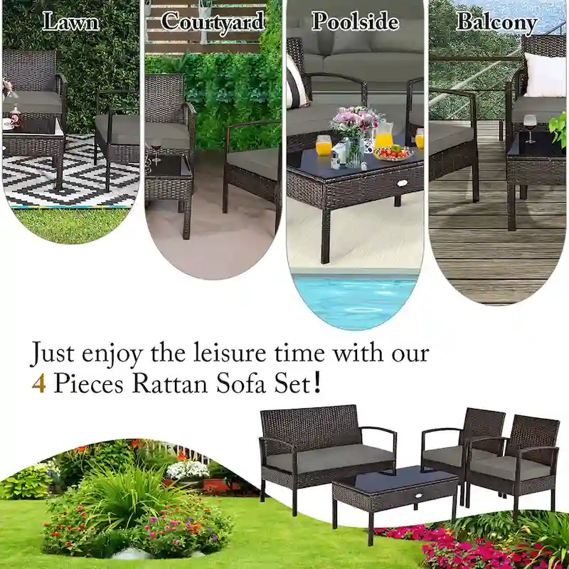 Costway 4PCS Patio Rattan Wicker Furniture Set Loveseat Sofa Cushioned