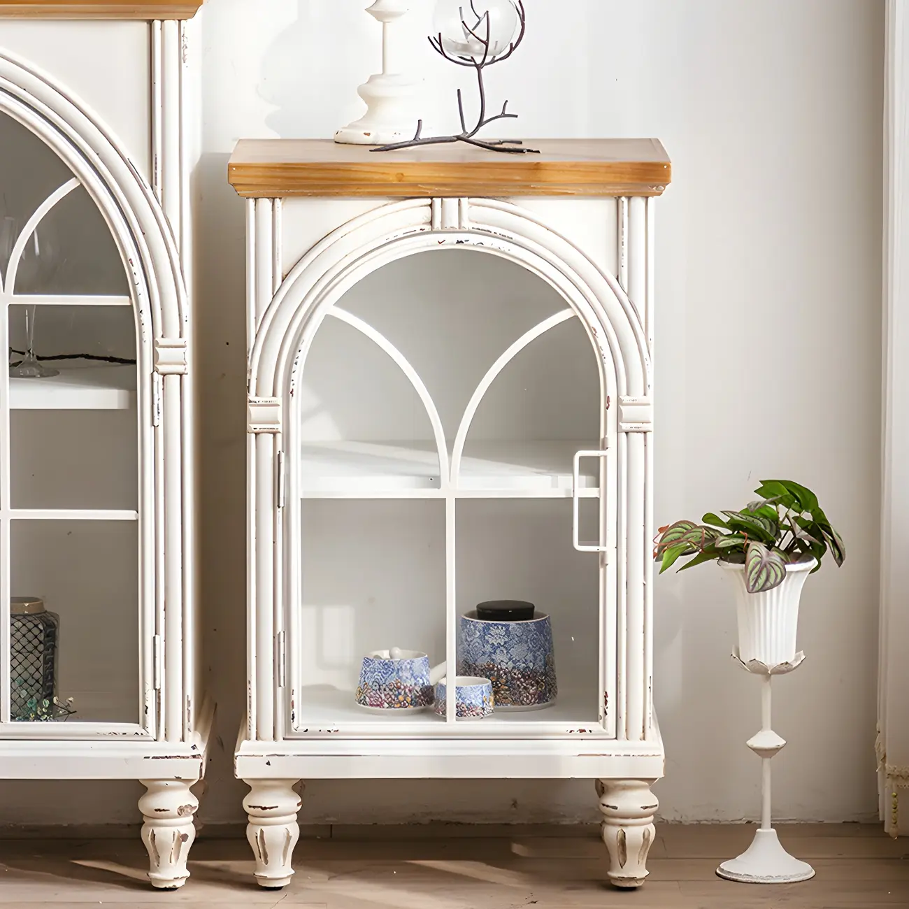 Vintage White Wood Arched Glass Door Display Cabinet