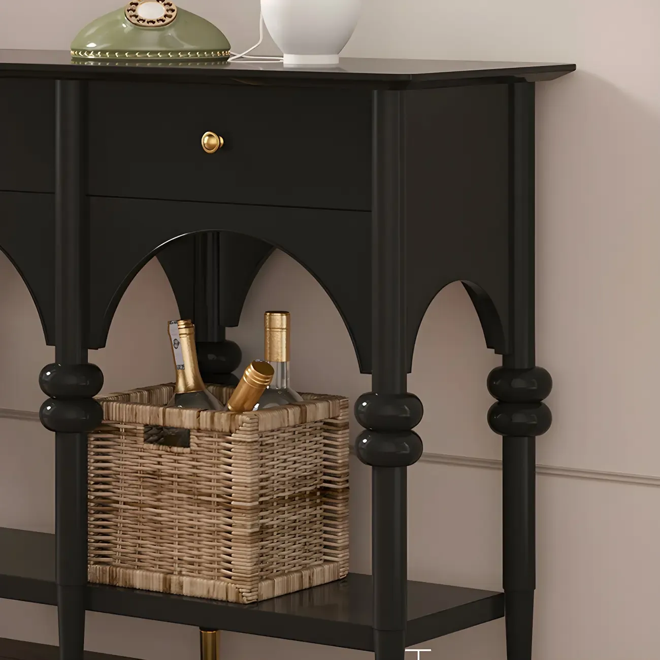 Rectangular Black Wood Console Table with Drawers