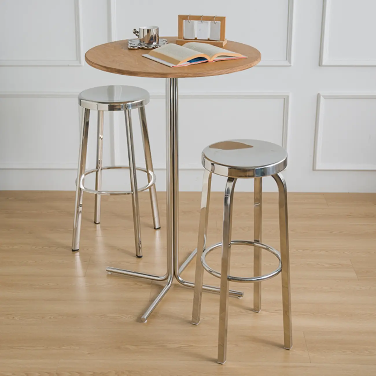 Modern Natural Wood Silver Metal Cross Legs Bar Tables