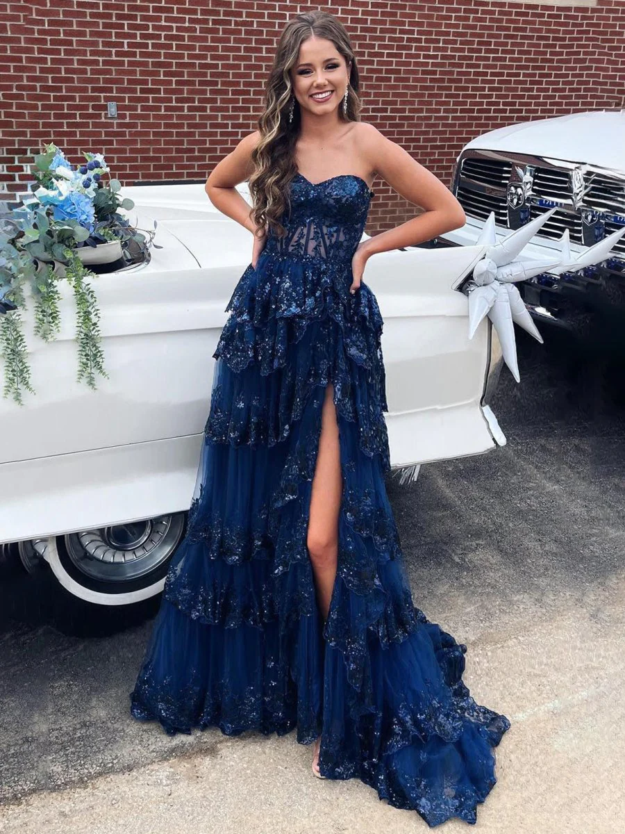 Sweetheart Navy Blue Appliques A-line Ruffle Long Prom Dress