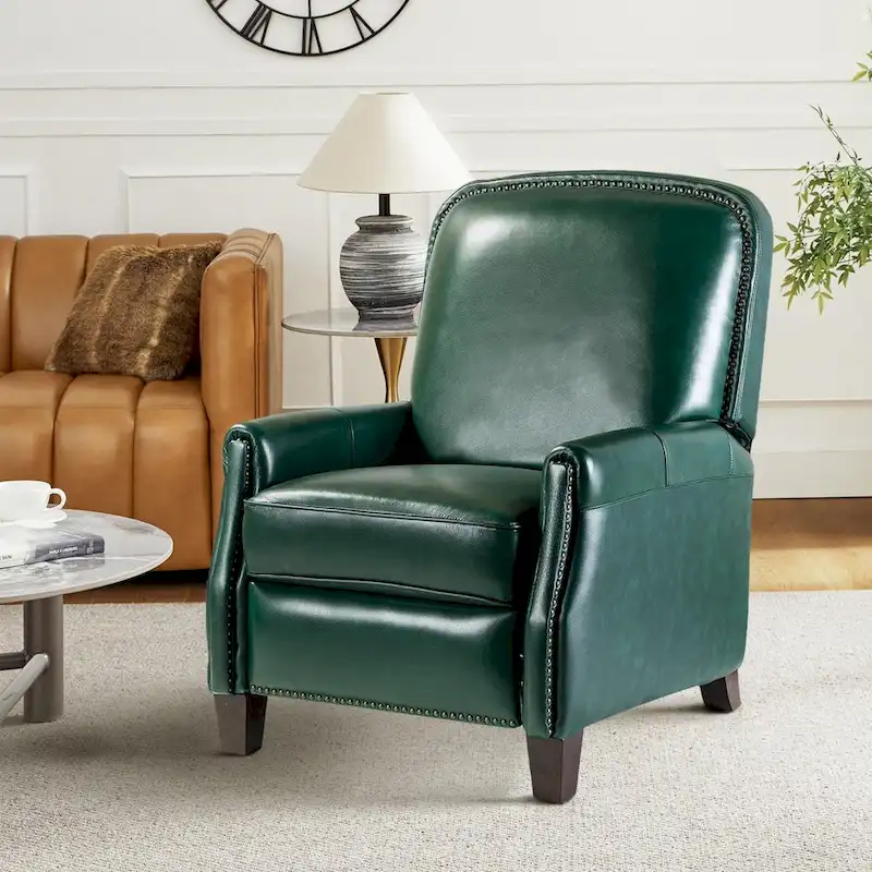 Modern Retro Genuine Leather Recliner with Nailhead Trim & Wooden Frame