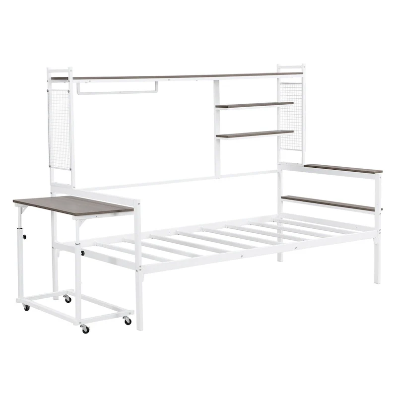 Versatile Daybed with Movable Desk, Metal Sofa Bed Frame with Metal Grid, Shelves and Clothes Hanger, No Box Spring Needed