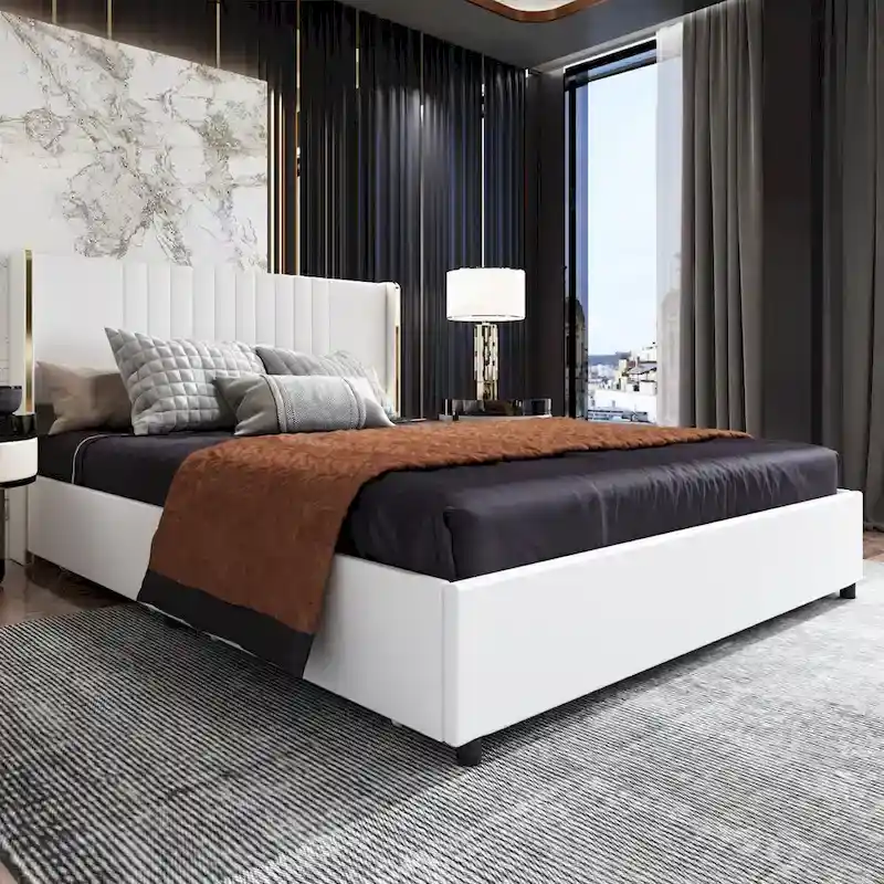 Modern Illuminated Bed Frame with Gold Trim - Chic Upholstered Design