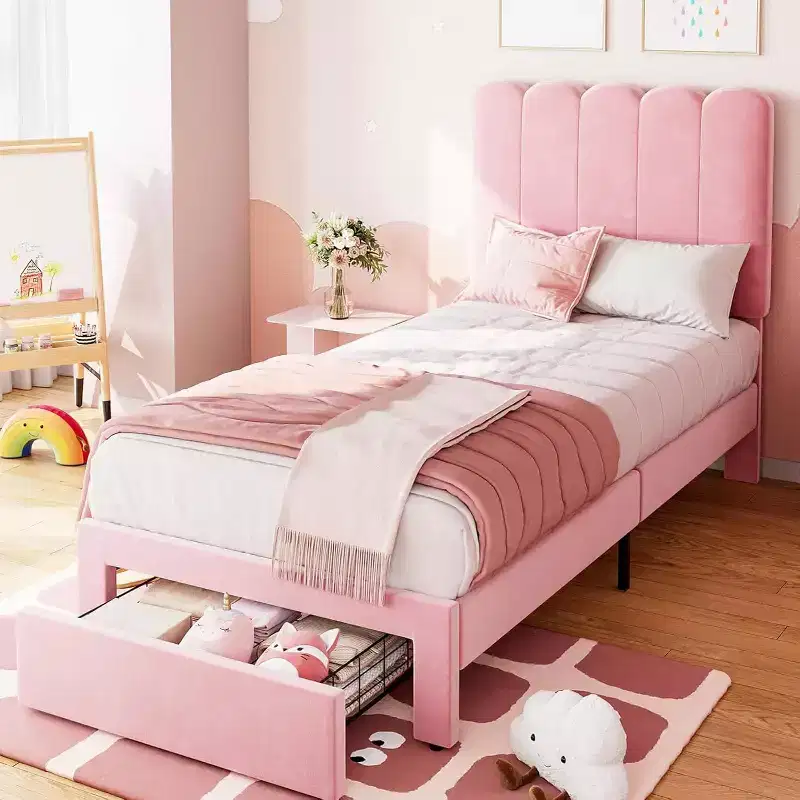 Acekool Twin Platform Bed Frame with Storage Drawer and Upholstered Headboard, Strong Wooden Slats, Noise-Free, Easy Assembly