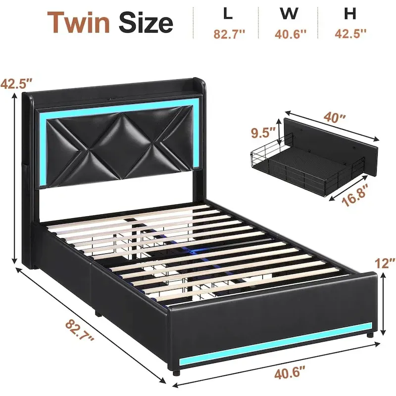 Bed Frame LED Lights Headboard & USB-C/A Charging Station 4 Drawers