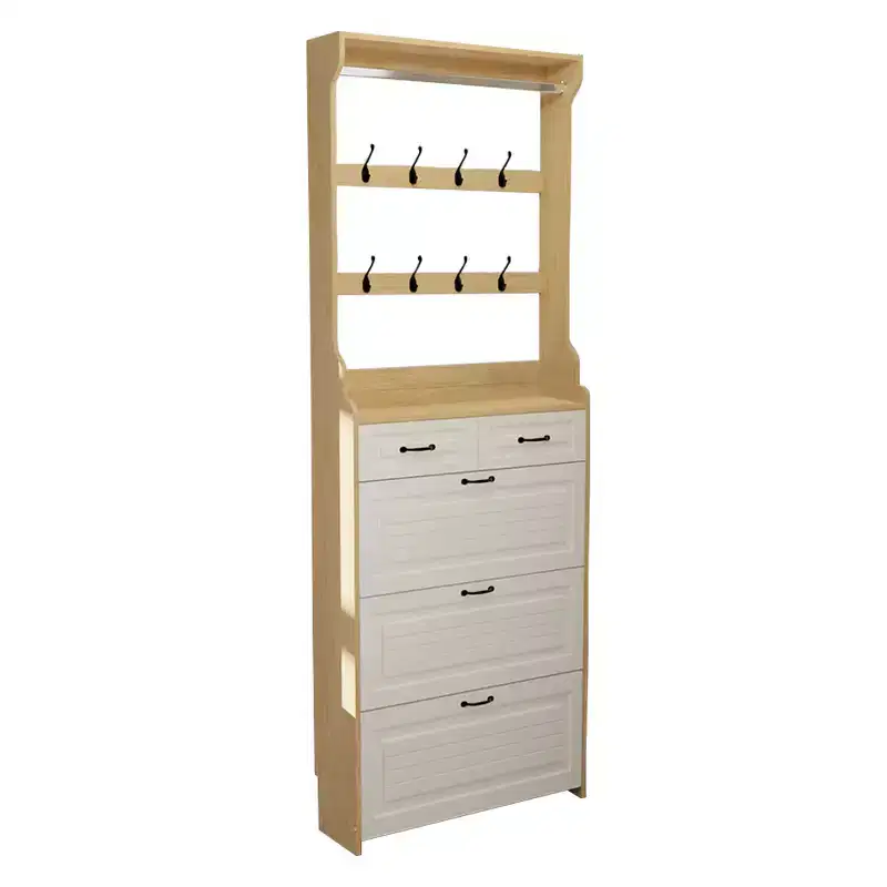 Tall, modern shoe cabinet with 3 flip-top doors, 2 drawers, and 8 hooks freestanding shoe cabinet