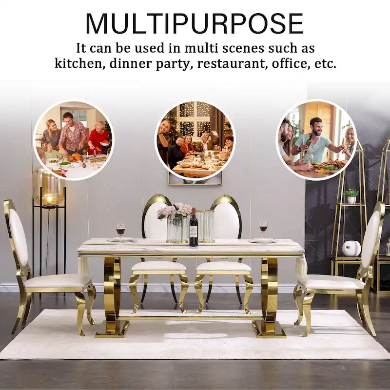 Dining Table with Circular Pedestal Base - Marble Texture Top, Seats 4-8 (Black/Grey/White)