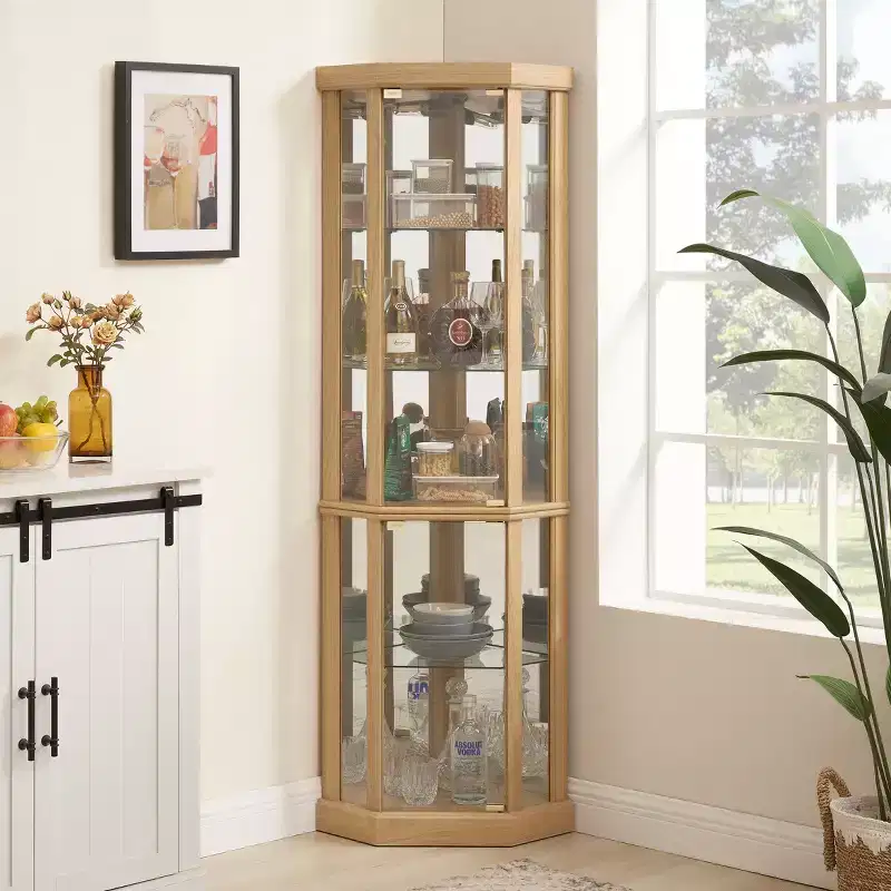Okak Corner Cabinet, Curio Cabinet with Glass Doors and Shelves, Corner Display Case for Living Room