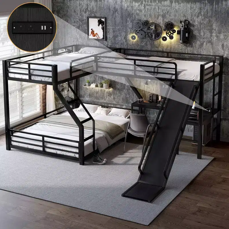 L-Shaped Twin XL over Queen Bunk Bed with Twin Size Loft Bed, Metal Triple Bunk Bed with Slide and USB Ports, Black