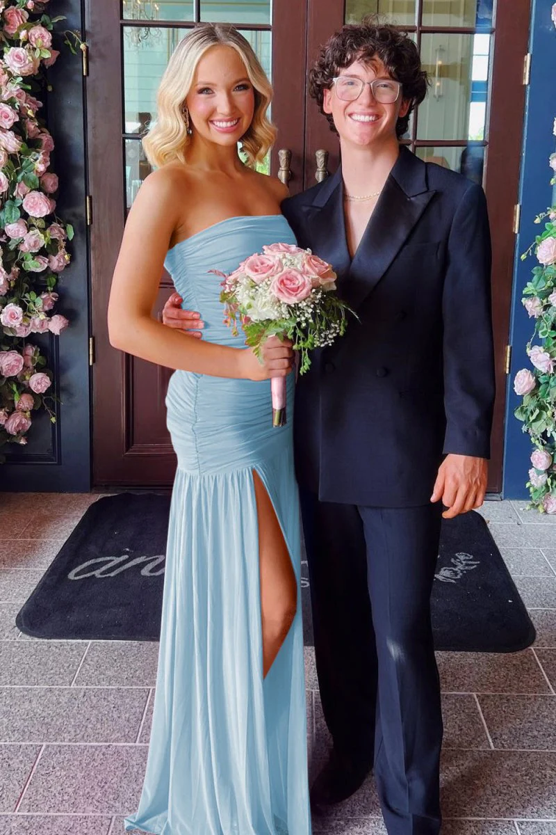 Hot Pink Sheath Strapless Pleated Chiffon Long Prom Dresses