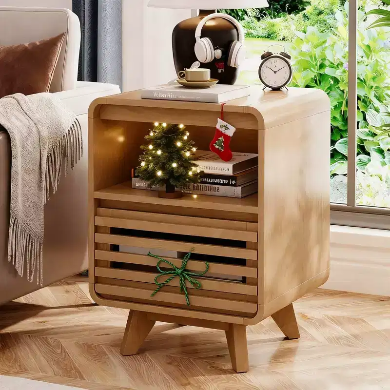 SOLACE FURNITURE Nightstand with Drawer Storage Grille Bed Side Table