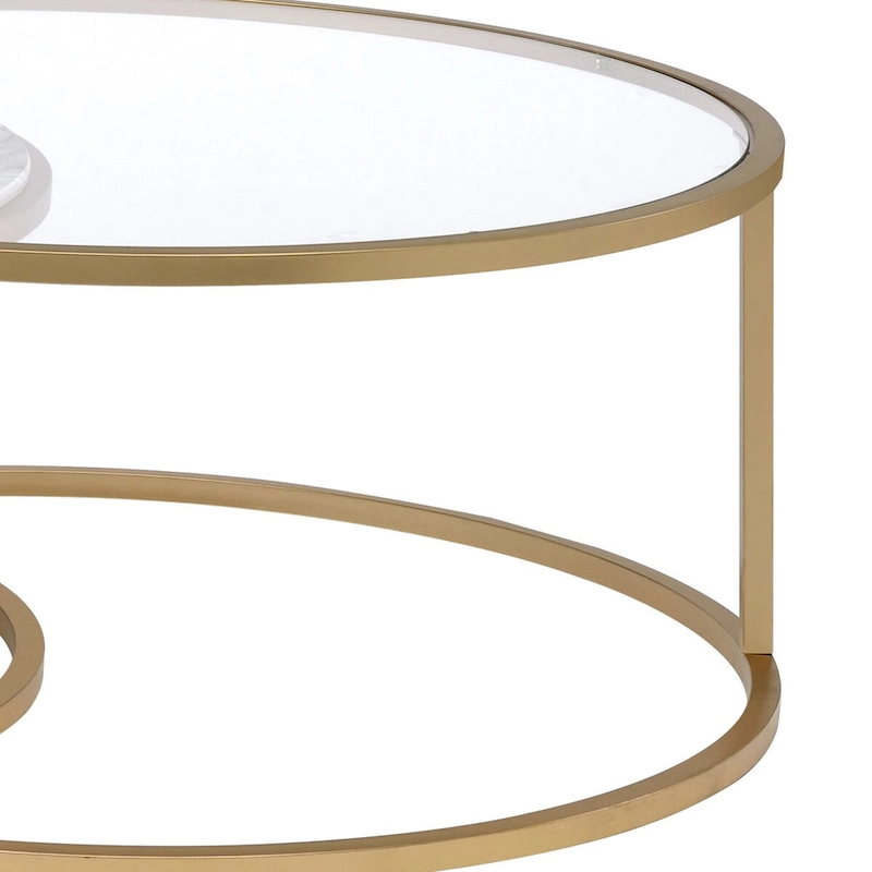 Metal Framed Nesting Coffee Tables with Glass and Marble Tops, Set of Two, Gold - 15.75 H x 36 W x 36 L Inches