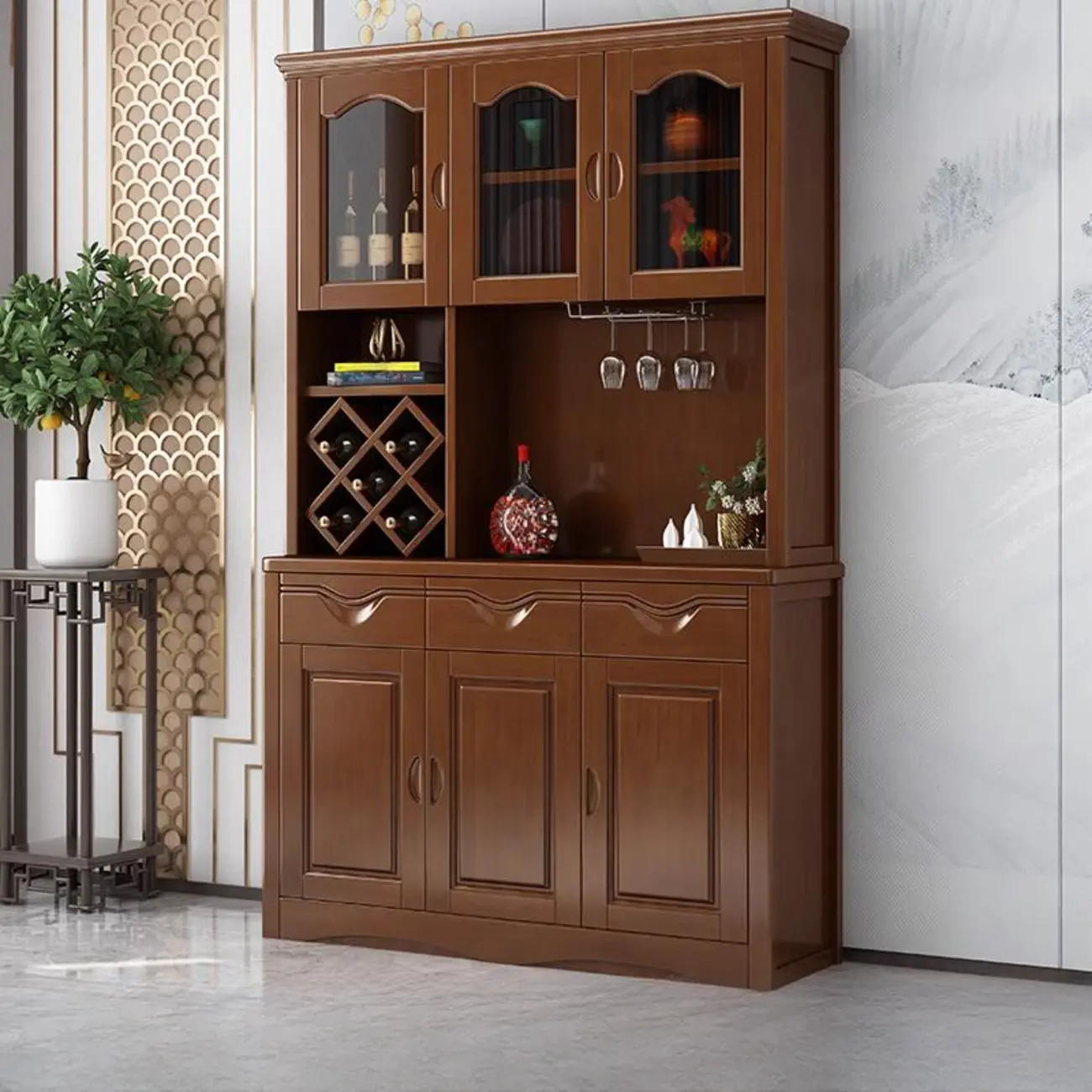 Kitchen Wooden White Cabinet Sideboard Built-in Wine Rack