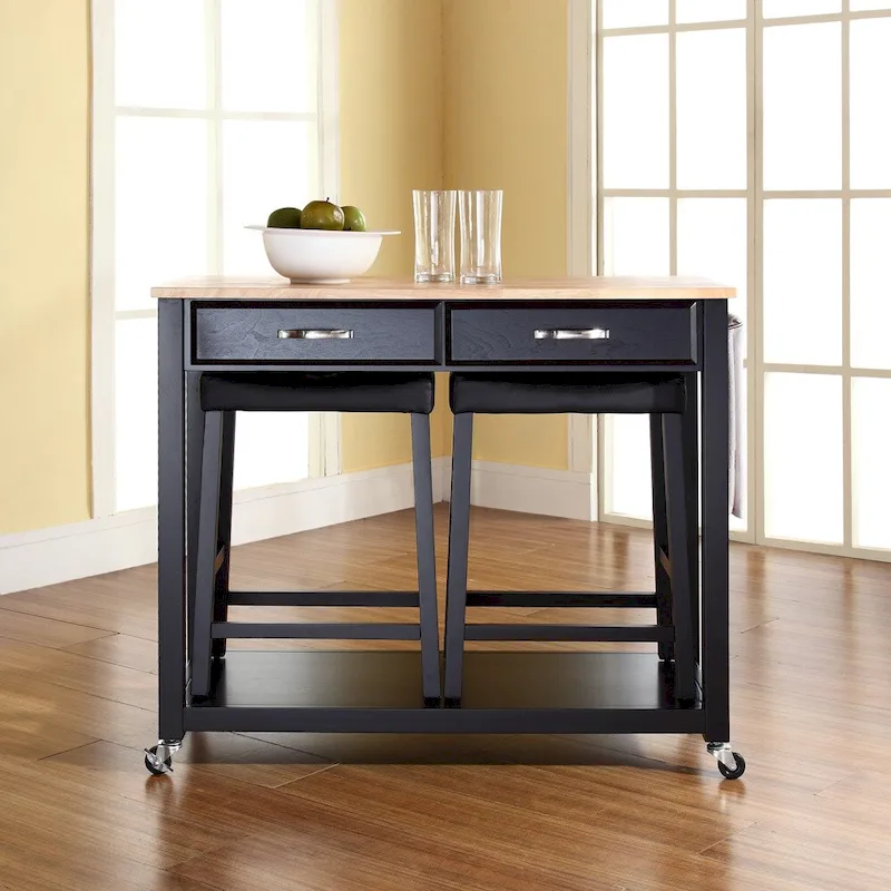 Black Natural Wood Top Kitchen Cart and Island with Black 24-inch Upholstered Saddle Stools - 17d x 43w x 35h