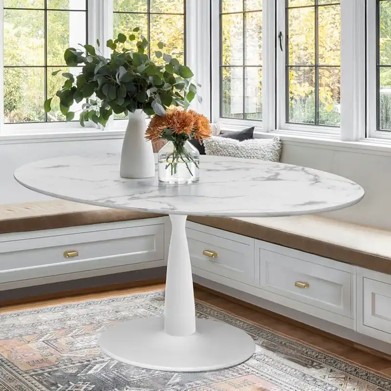 Oval White Faux Marble Topped Pedestal Dining Table