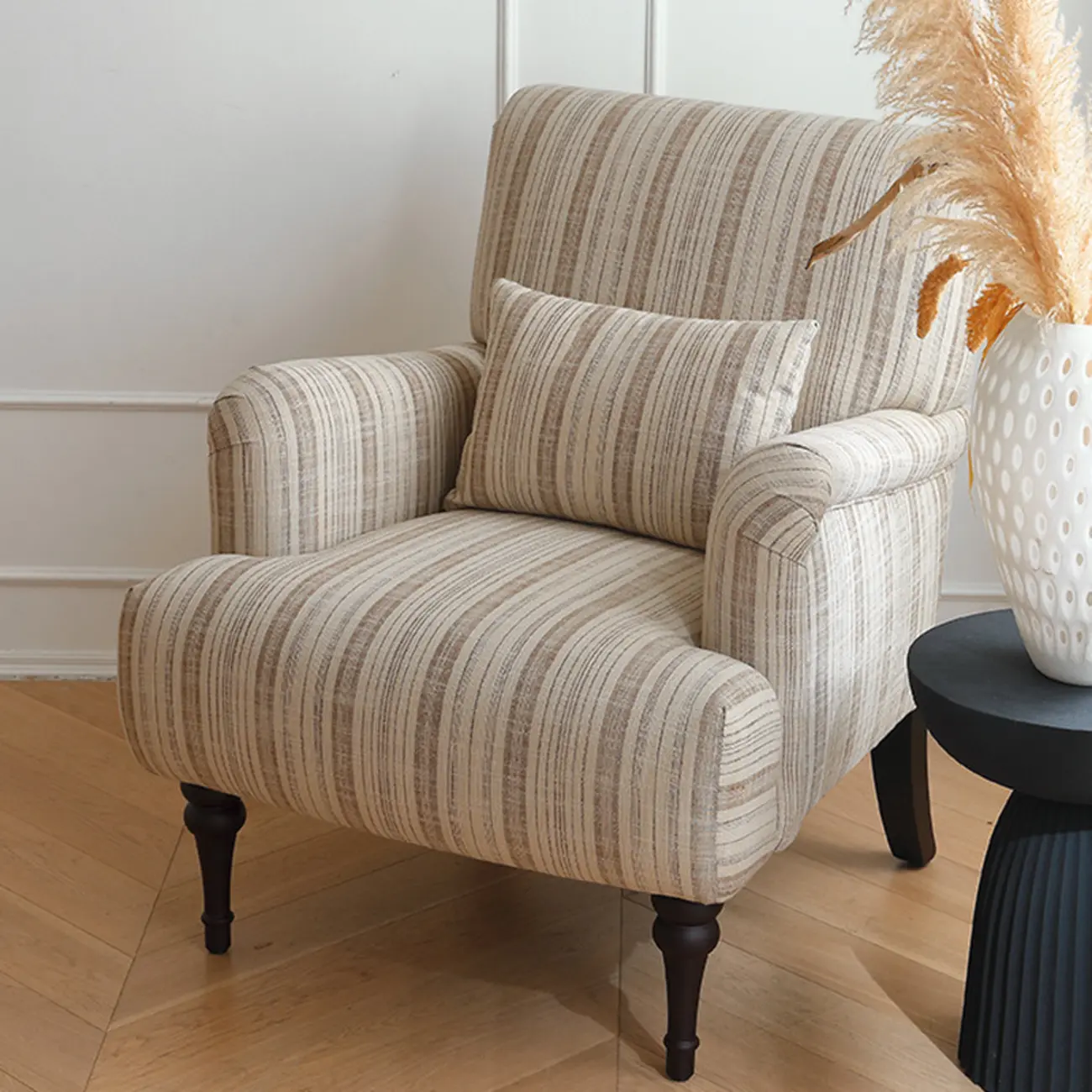 Striped Fabric Barrel Chair in Cerulean with Armrests